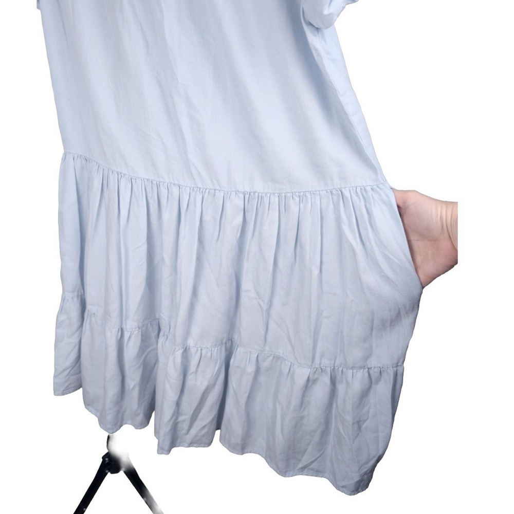 Puff Sleeve Blue Knee Length Tiered Shirt Dress Pockets Tencel Med Cottagecore - Picture 2 of 4